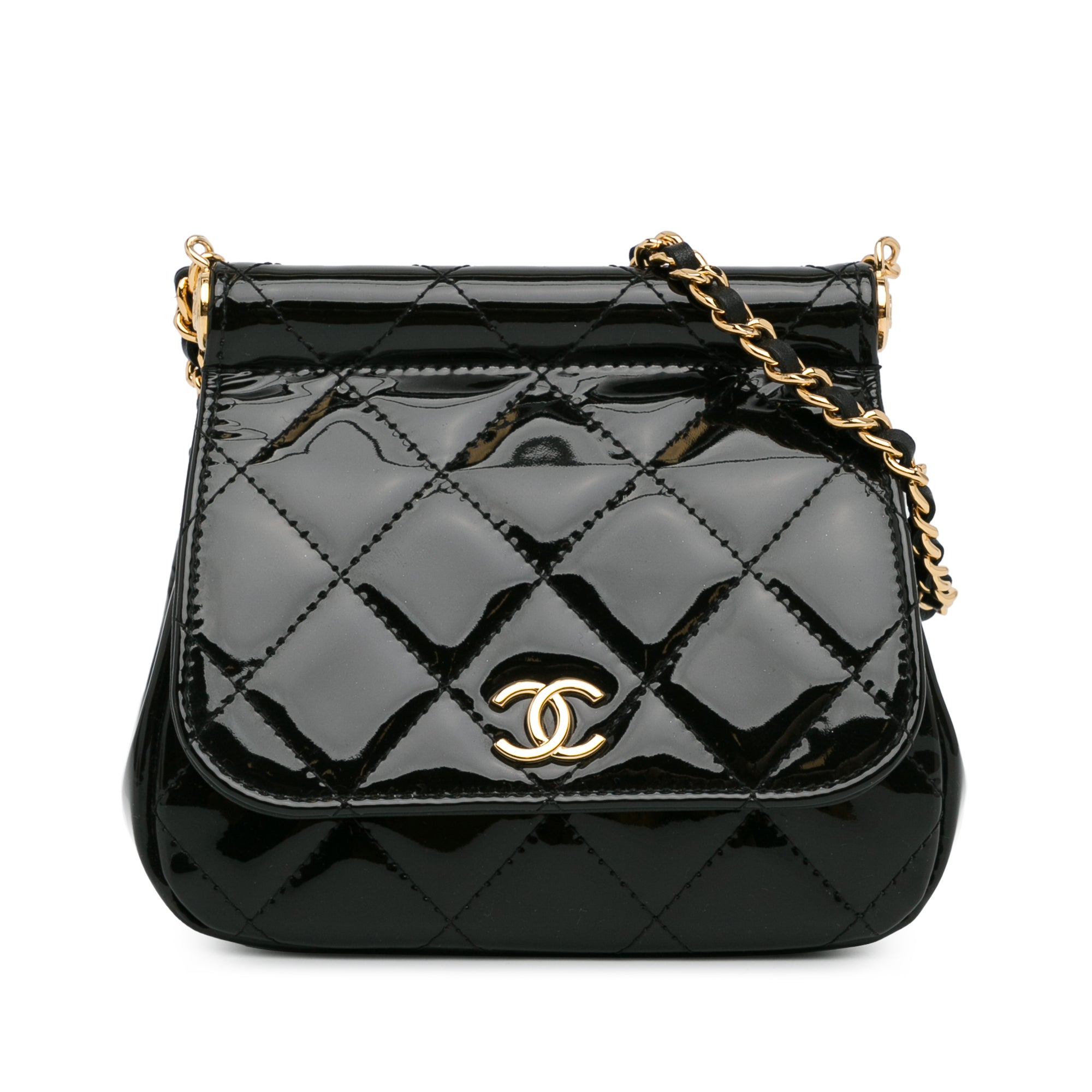 image of Black Chanel Patent Frame Clutch Flap with Chain Crossbody Bag