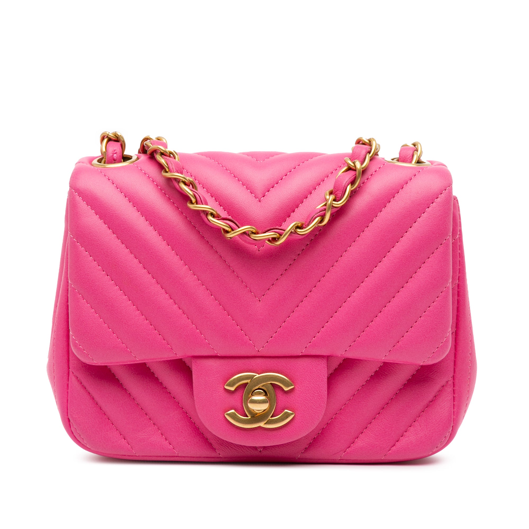 image of Pink Chanel Mini Square Classic Chevron Lambskin Flap Crossbody Bag