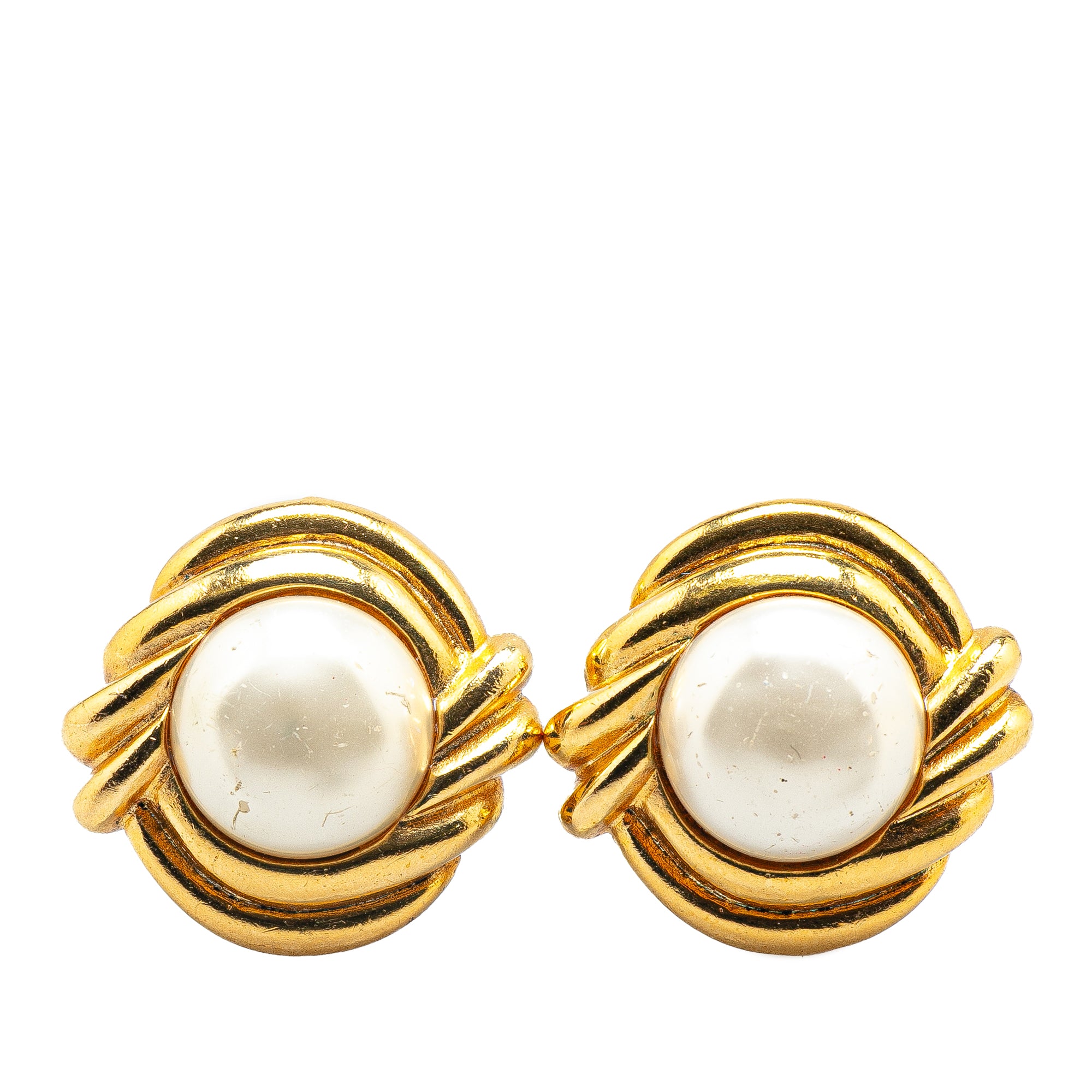 image of Gold Chanel Gold Plated Faux Pearl Round Clip on Earrings