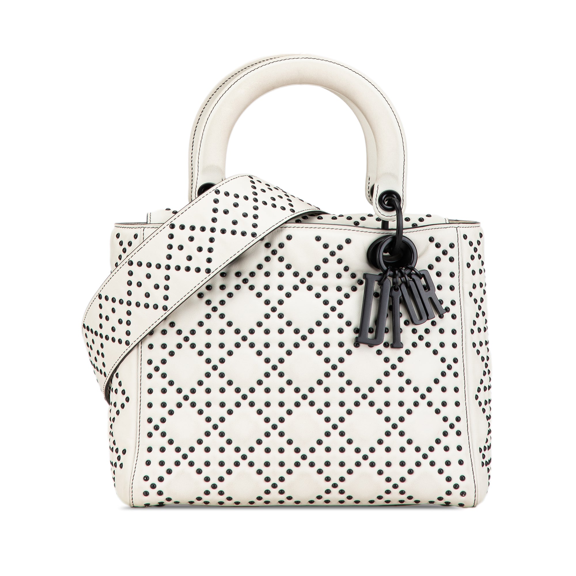 image of White Dior Medium Calfskin Studded Lady Dior Satchel