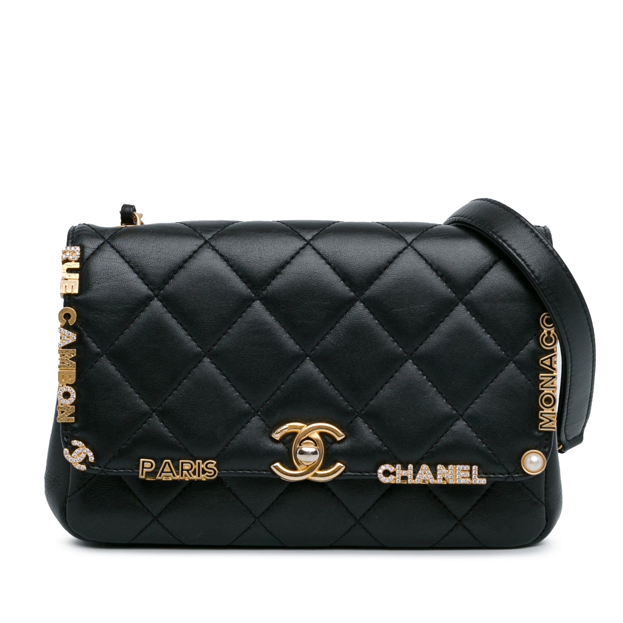 image of Black Chanel Quilted Lambskin Paris Monaco Flap Crossbody Bag