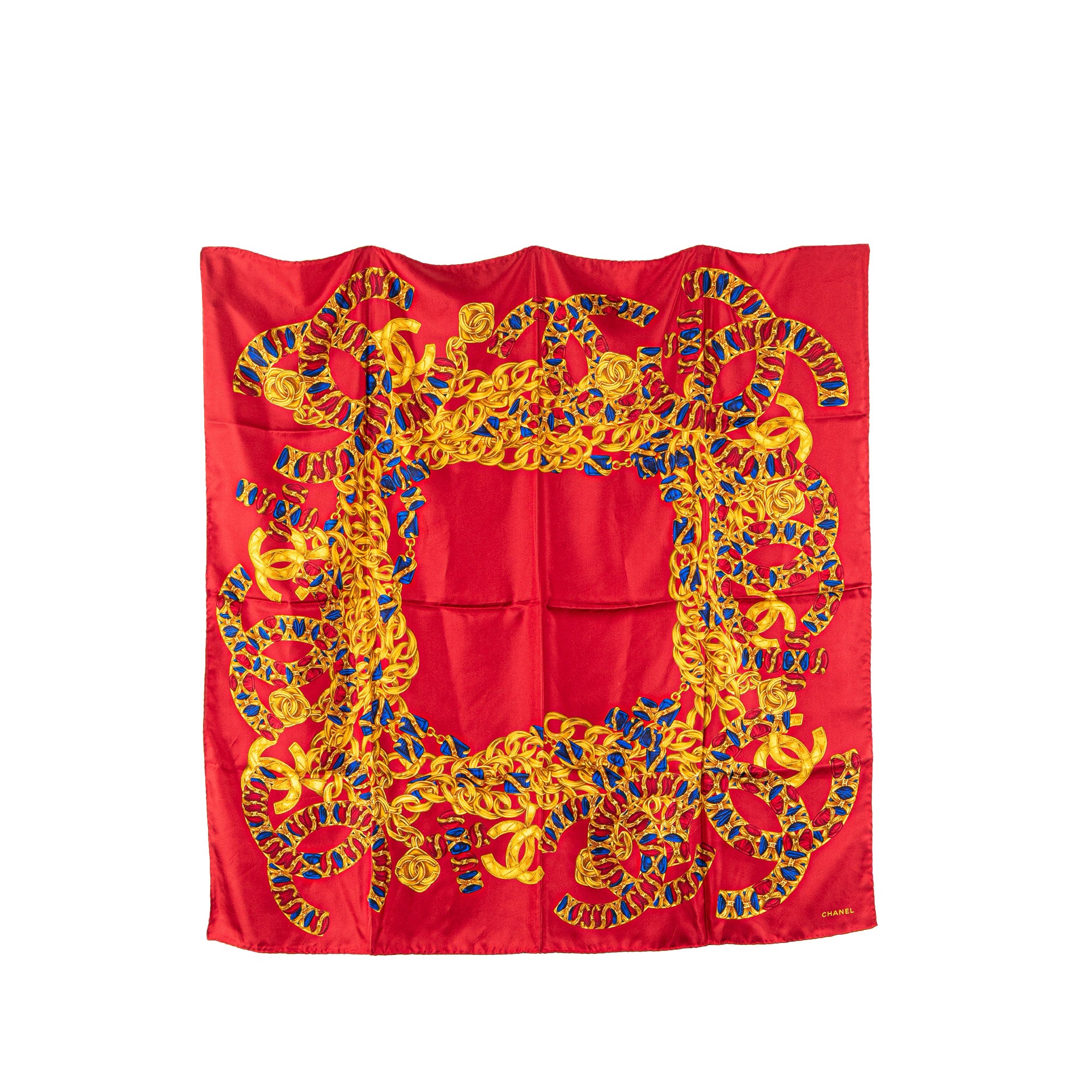 image of Red Chanel CC Jewel and Chain Print Silk Scarf Scarves