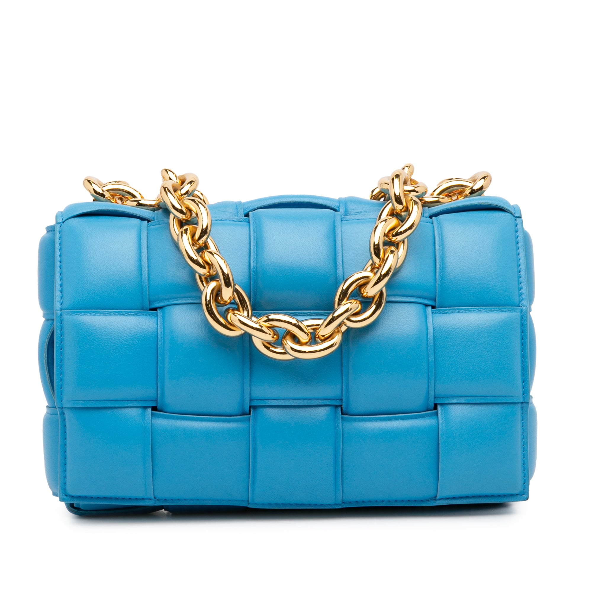 image of Blue Bottega Veneta Intrecciato Padded Chain Cassette Satchel