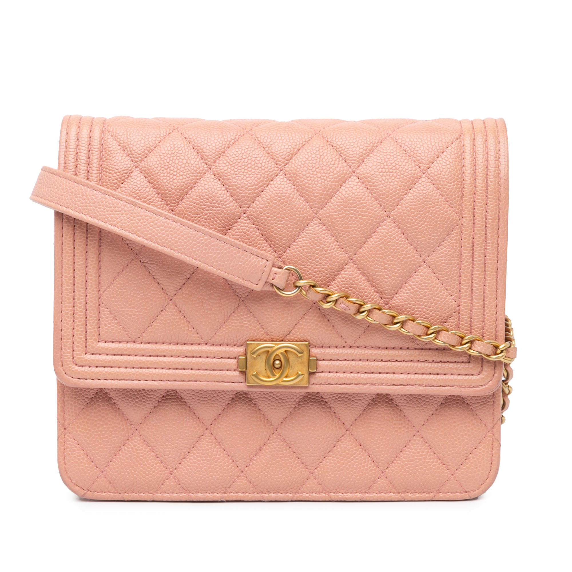 image of Pink Chanel Quilted Caviar Square Boy Wallet On Chain Crossbody Bag
