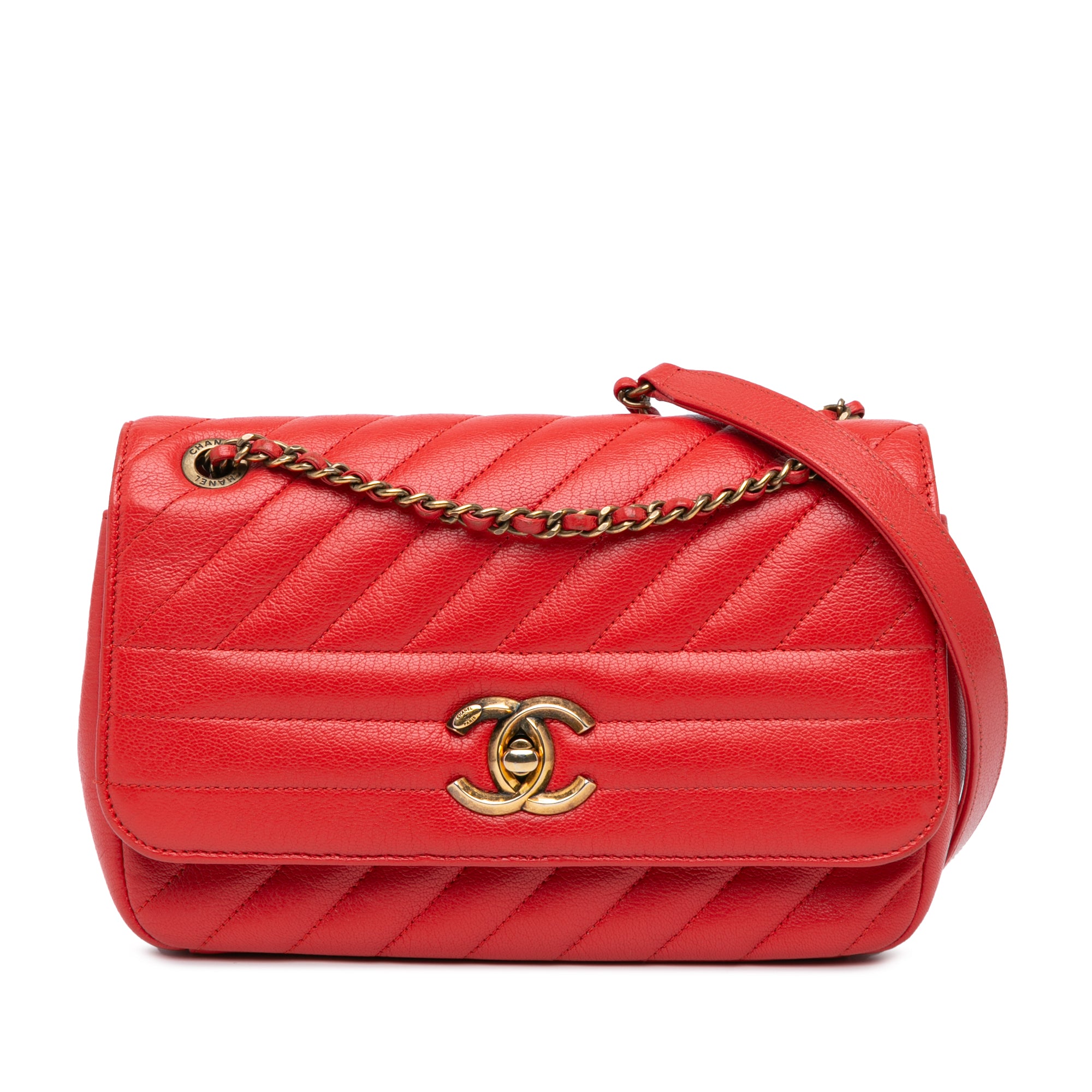 image of Red Chanel Small Diagonal Quilted Goatskin Flap Crossbody Bag