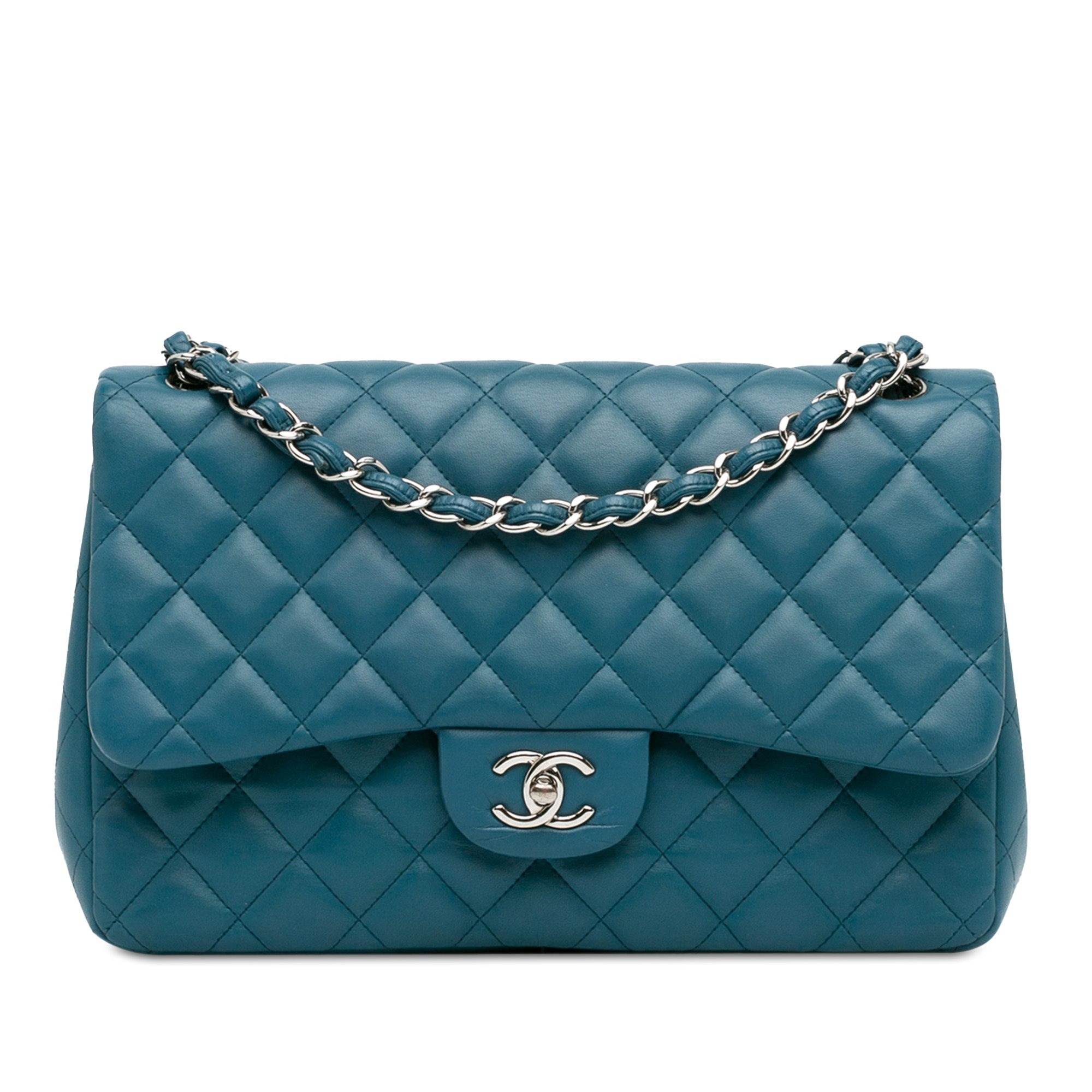 Image of Blue Chanel Jumbo Classic Lambskin Double Flap Shoulder Bag