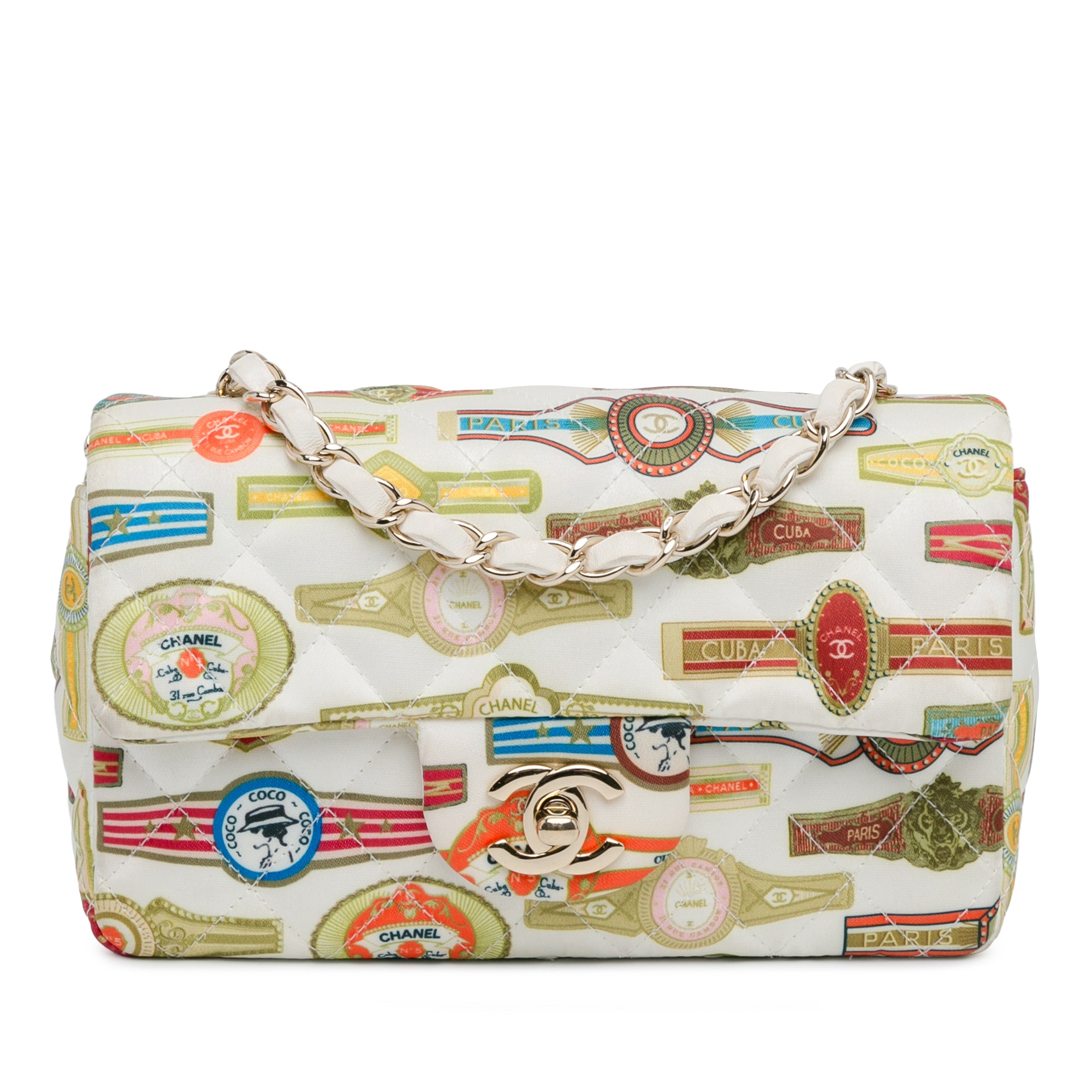 image of White Chanel Mini Rectangular Classic Printed Satin Cuba Single Flap Crossbody Bag