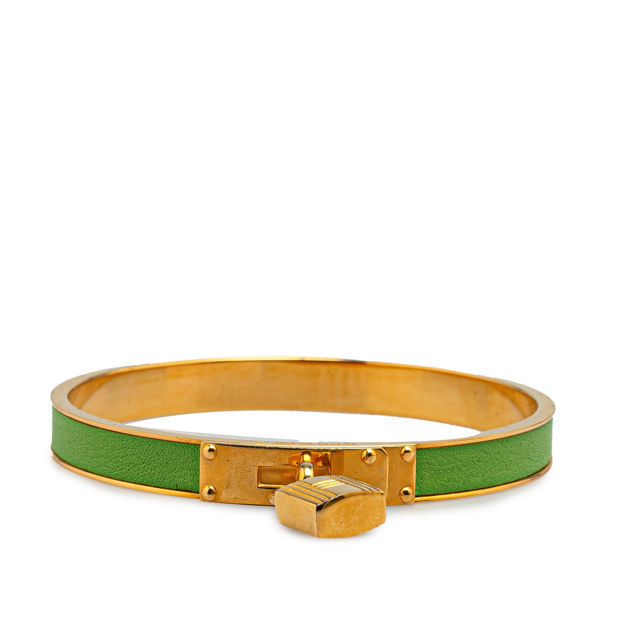 image of Green Hermès Leather Kelly Cadena Lock Bangle Bracelet