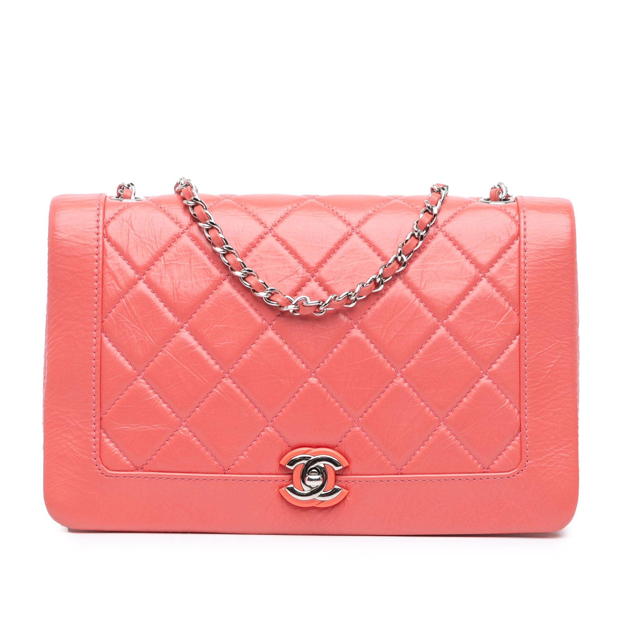 image of Pink Chanel Crumpled Calfskin Bi Quilted Vintage Full Flap Shoulder Bag