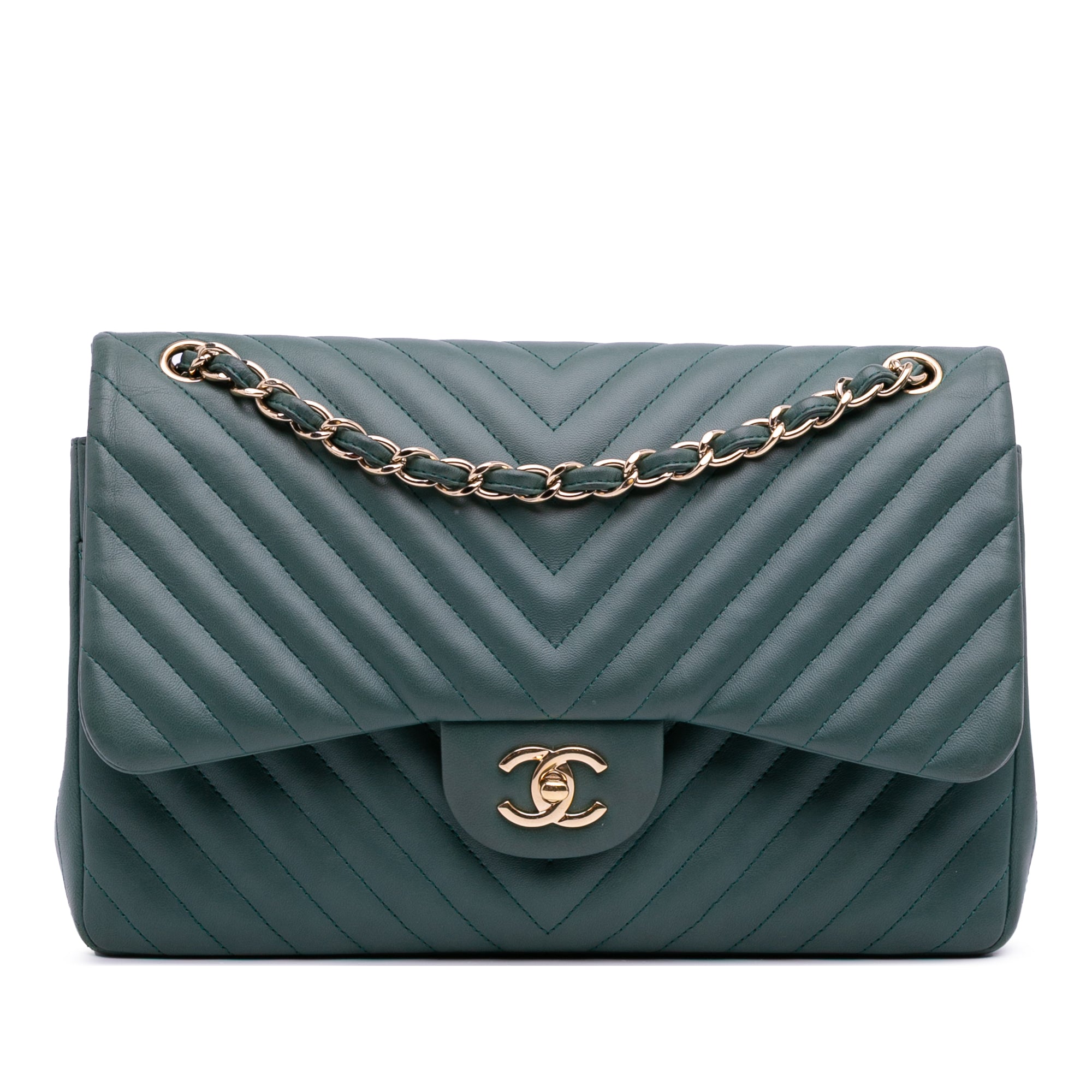 image of Green Chanel Jumbo Classic Chevron Lambskin Double Flap Shoulder Bag