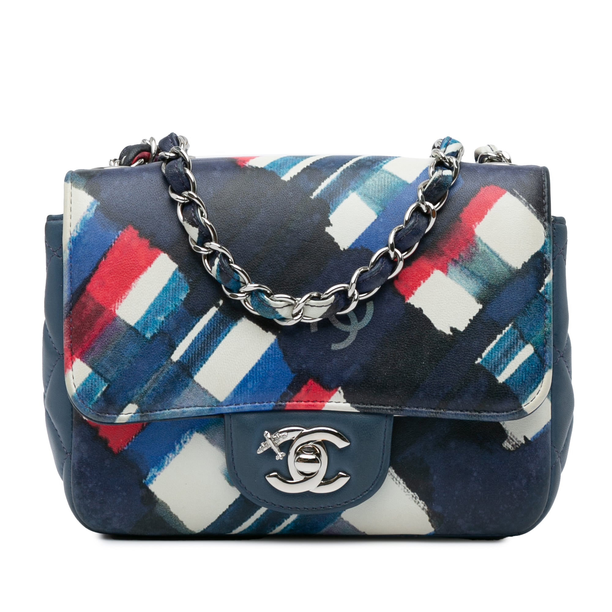 Image of Blue Chanel Mini Square Classic Printed Lambskin Airlines Flap Crossbody Bag