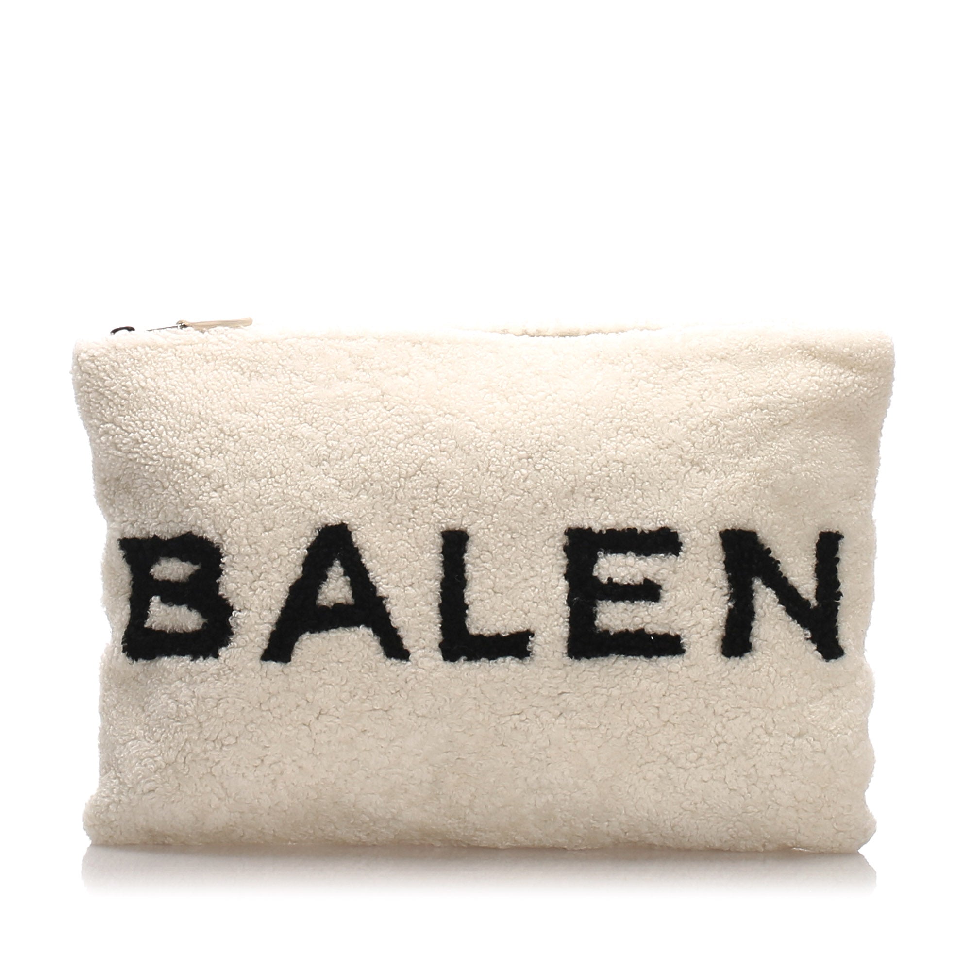 Cream Balenciaga Shearling Logo Clutch 