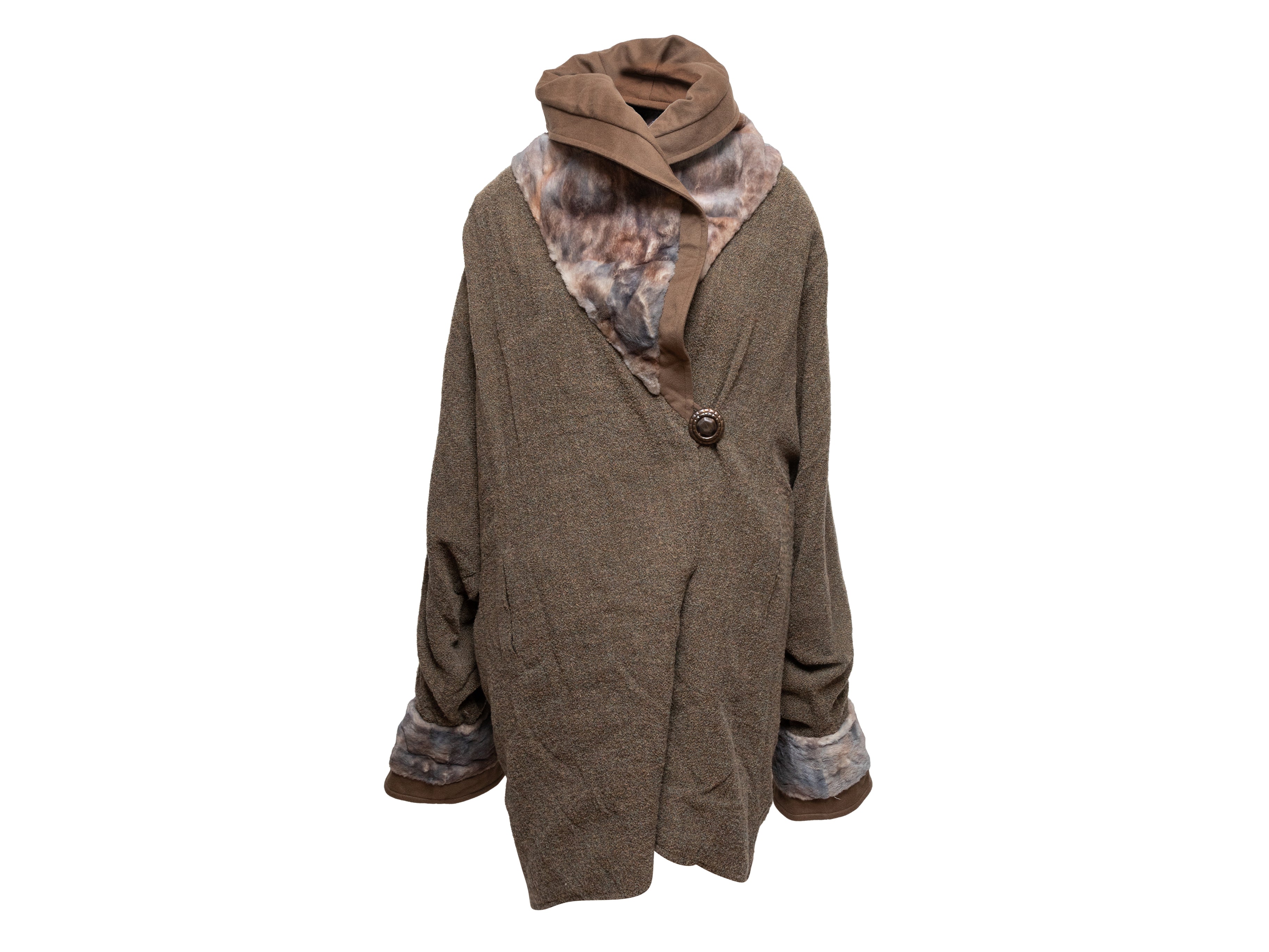 Taupe Cashmere & Wool Reversibel Fur-Trimmed Coat