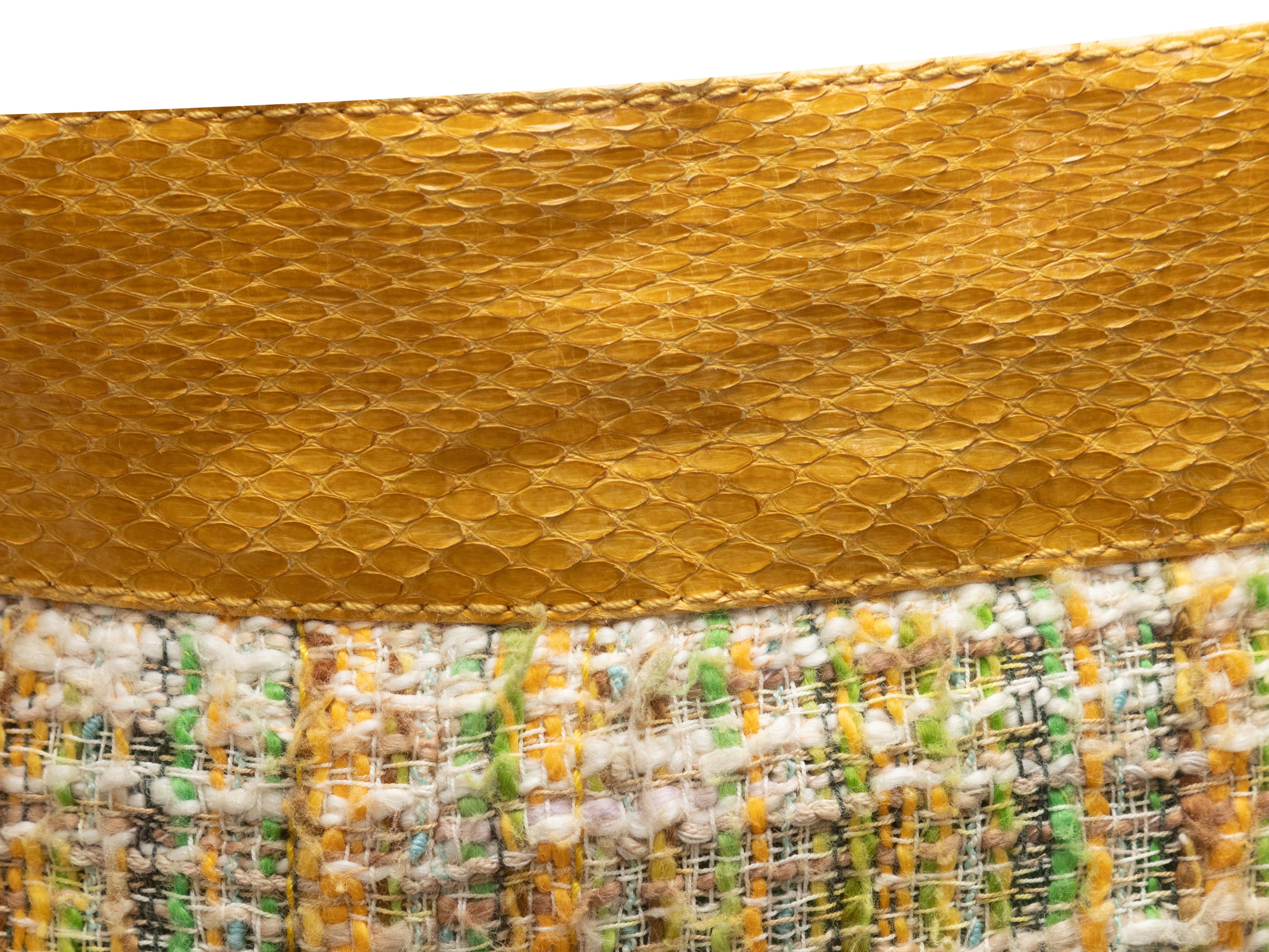 Yellow & Multicolor Tweed Snakeskin-Trimmed Skirt