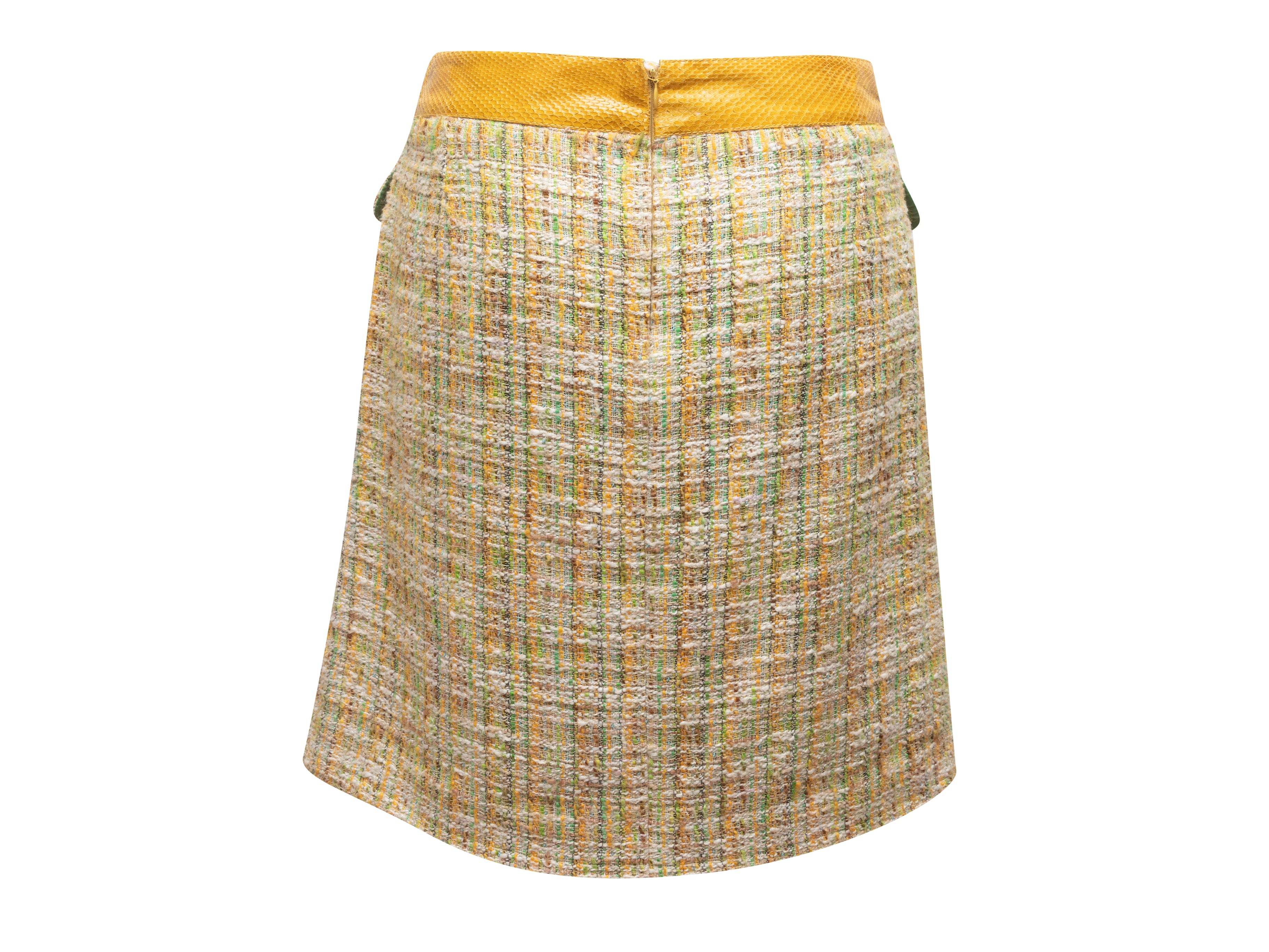 Yellow & Multicolor Tweed Snakeskin-Trimmed Skirt