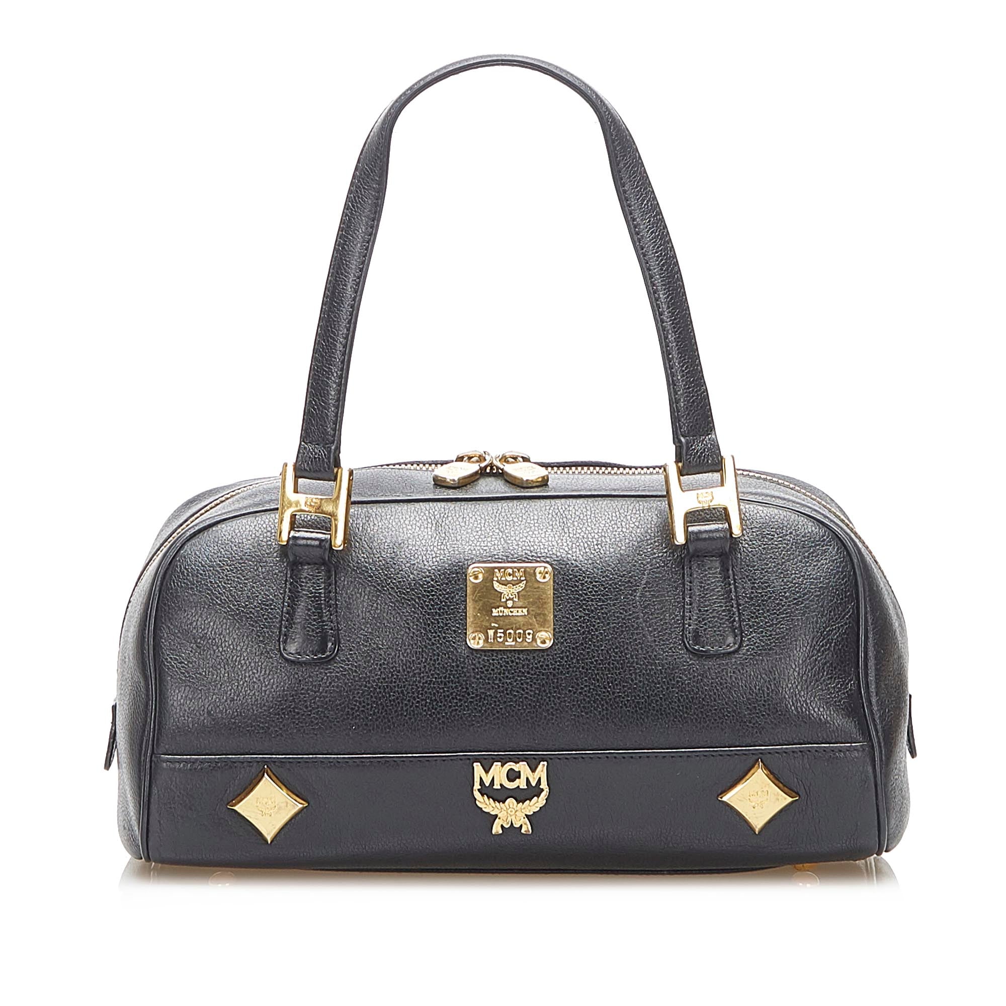 MCM Black Leather Embellished Boston Bag MCM