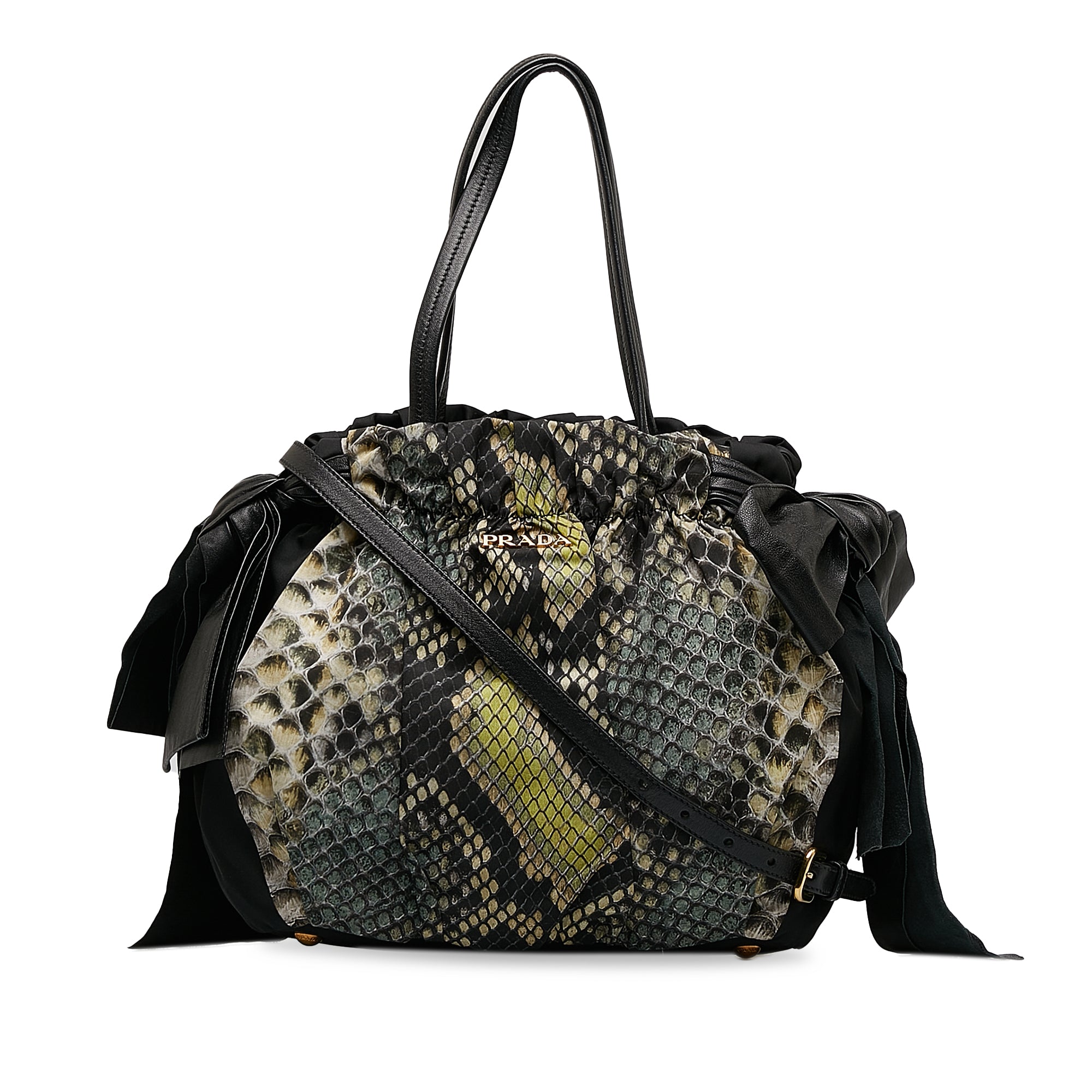 image of Black Prada Tessuto Python Print Bow Satchel