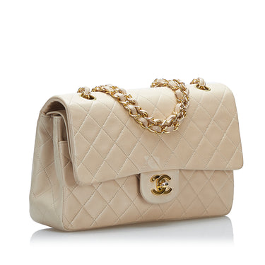 FWRD Renew Chanel Medium Quilted Lambskin Classic Double Flap Shoulder Bag  in Beige