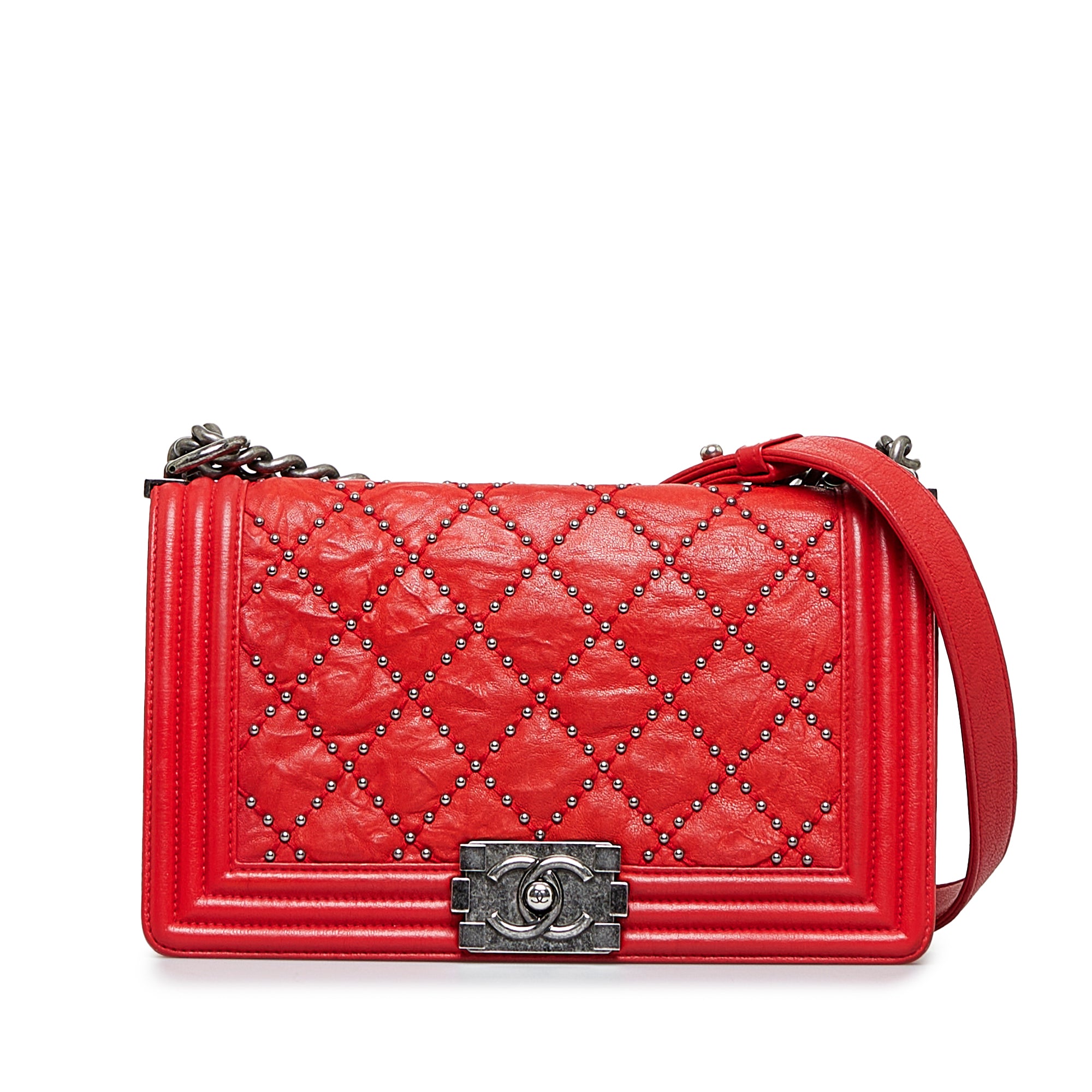 image of Red Chanel Medium Studded Distressed Calfskin Boy Flap Crossbody Bag