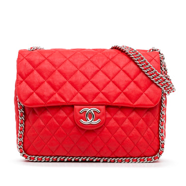 Chanel - Paris-Cosmopolite Red Chevron Lambskin Rock The Corner Flap Bag Small