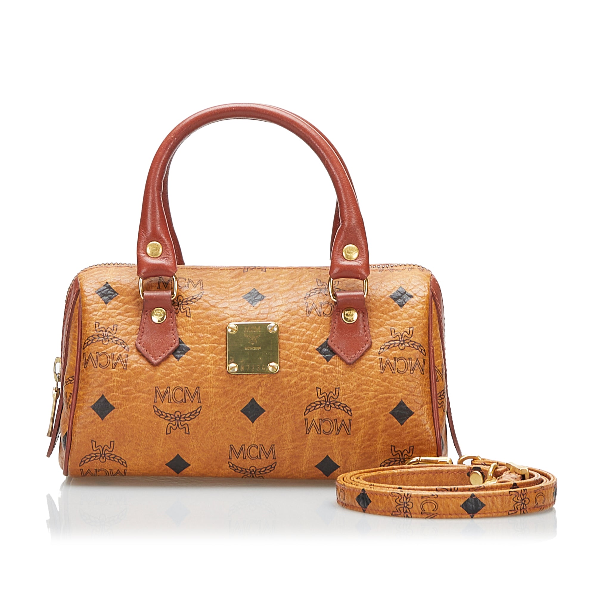 MCM, Bags, Authentic Mcm Monogram Vintage Speedy Bag Cognac Visetos W  Crossbody Strap