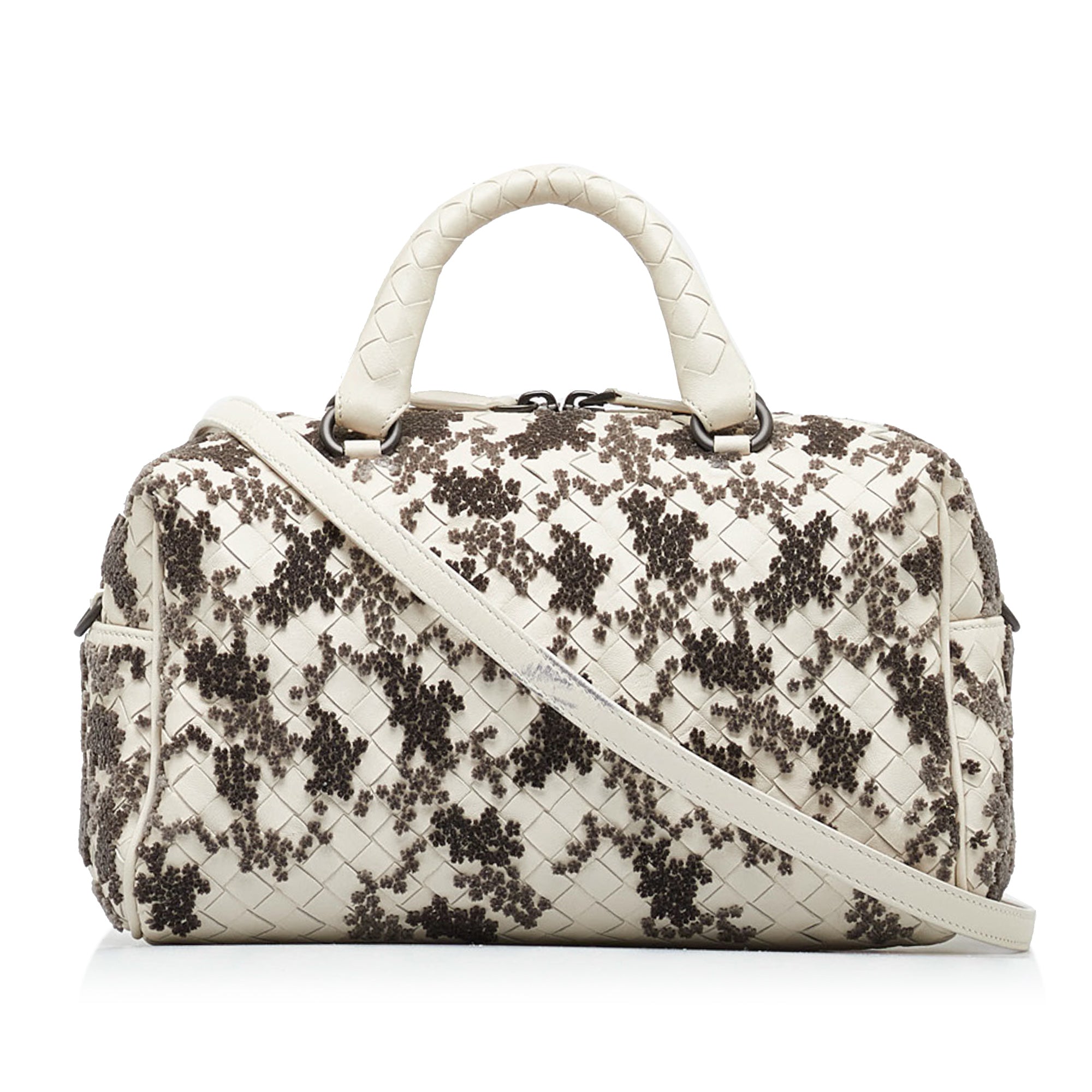 image of White Bottega Veneta In Mist Intrecciato Flocked Velvet Bouquet Duffel Bag Satchel