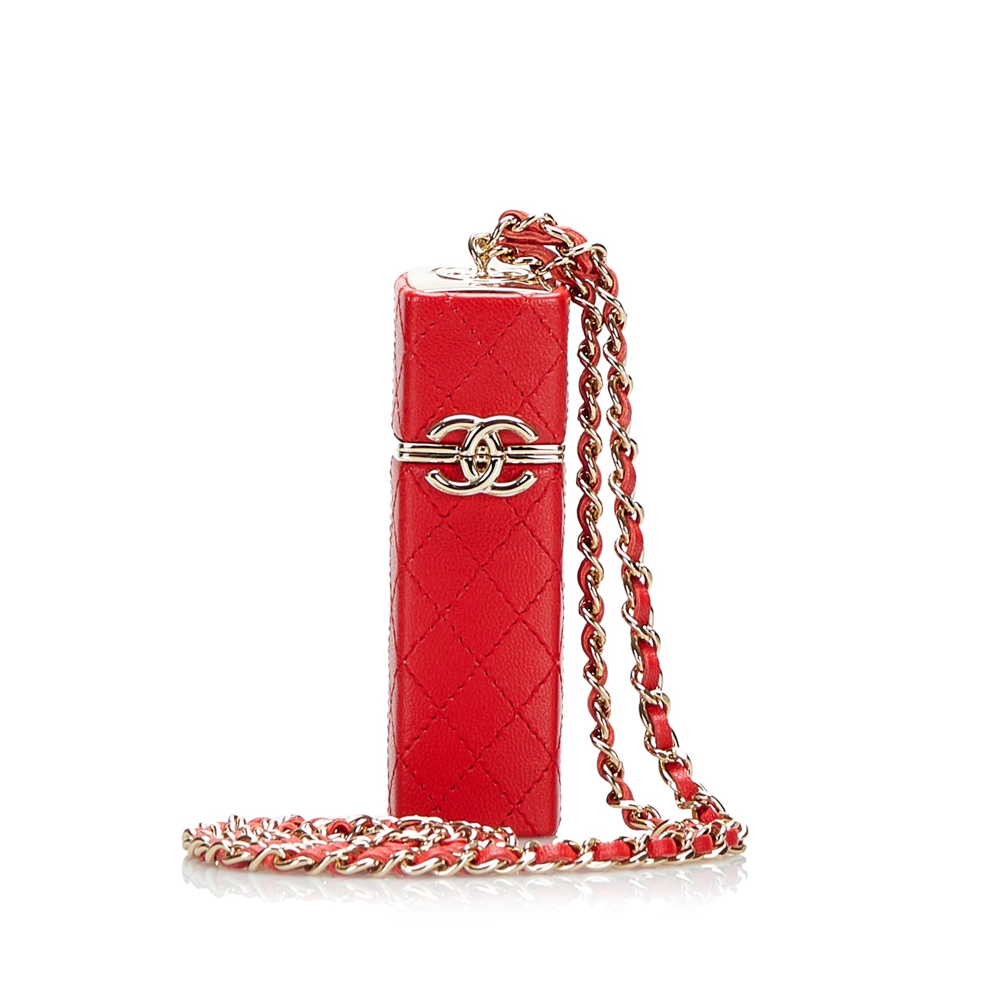 image of Red Chanel CC Lambskin Squared Lipstick Case on Chain