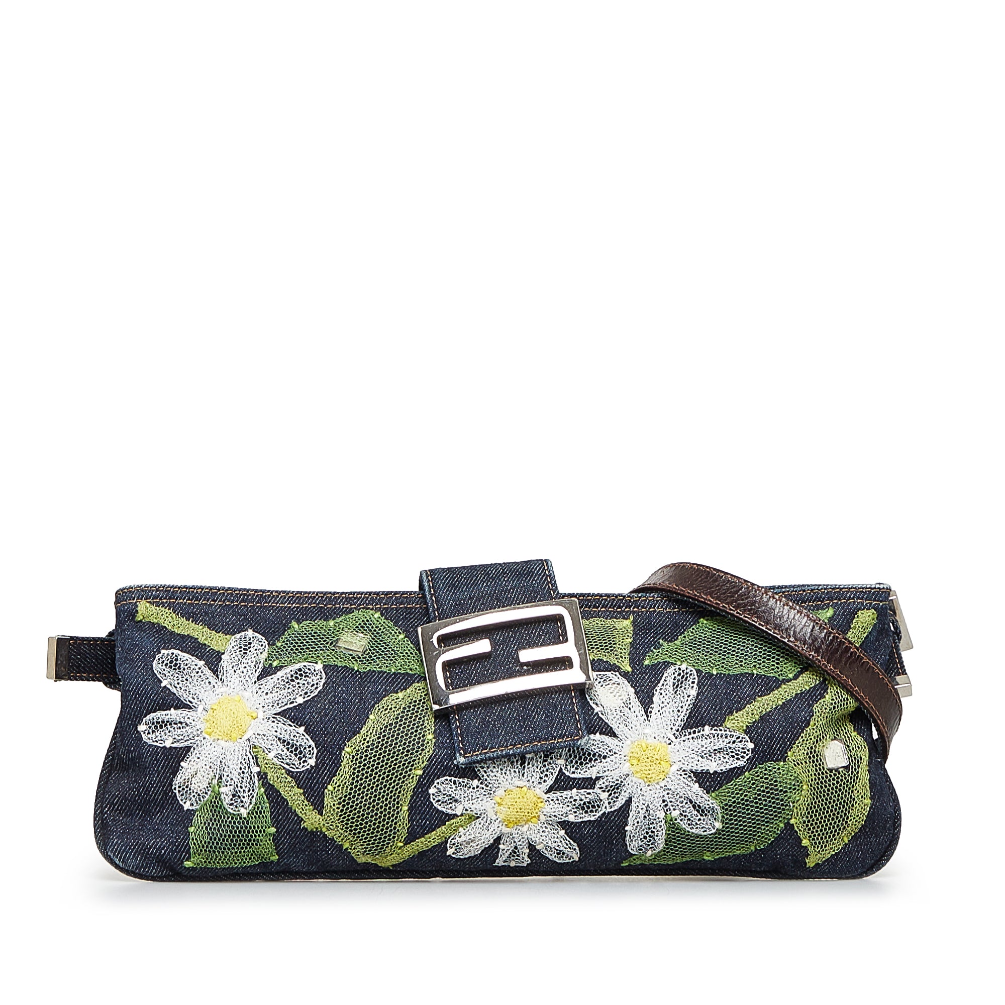 image of Green Fendi Embroidered Denim Baguette Crossbody Bag