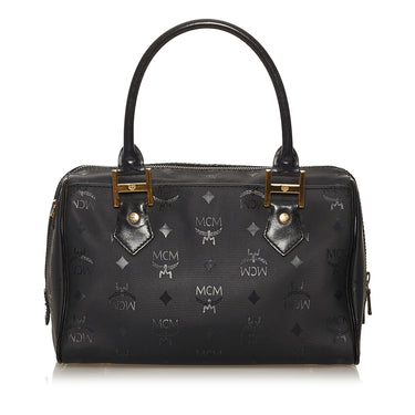 Mcm Boston Essential Monogrammed Leather Satchel In Charcoal