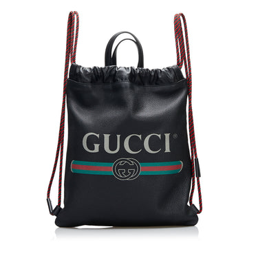 GUCCI Drawstring Print Leather Backpack Bag Black 494053