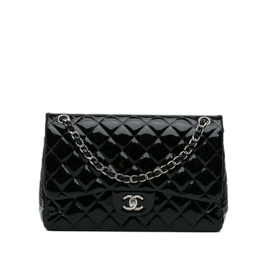 Chanel Black Quilted Patent Leather New Classic Double Flap Jumbo