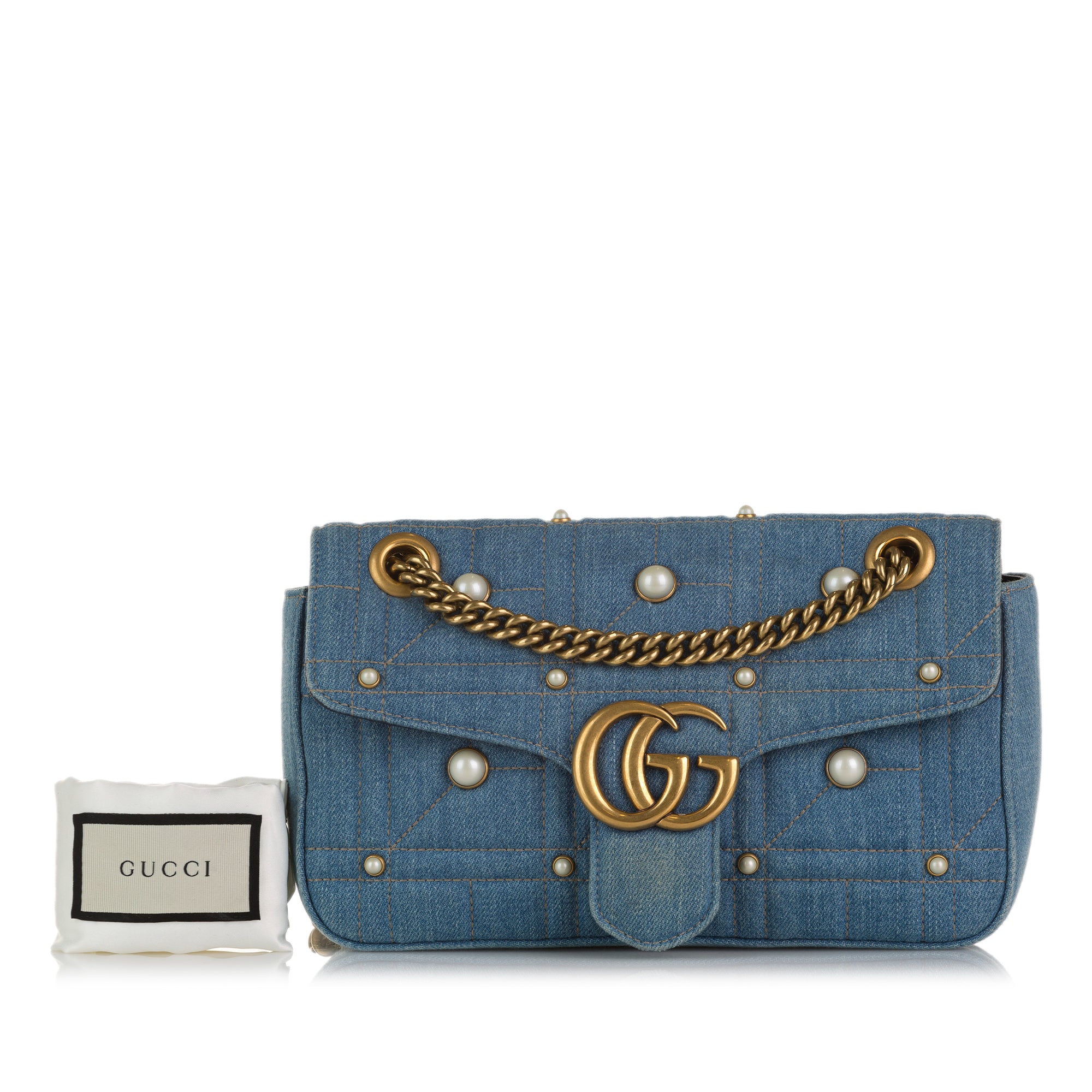 Blue Gucci GG Marmont Pearl Studded Matelasse Denim Crossbody – Designer  Revival