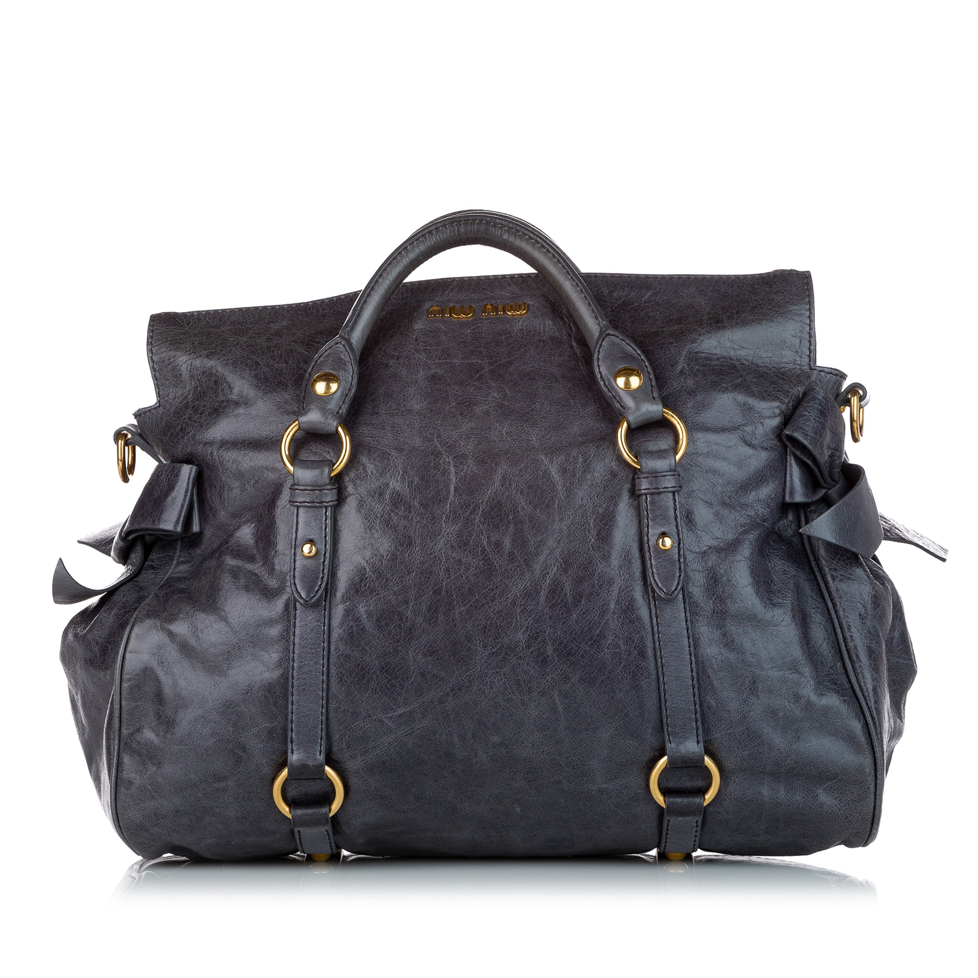 Miu Miu Blue Leather Vitello Lux Leather Bow Top Handle Bag Miu