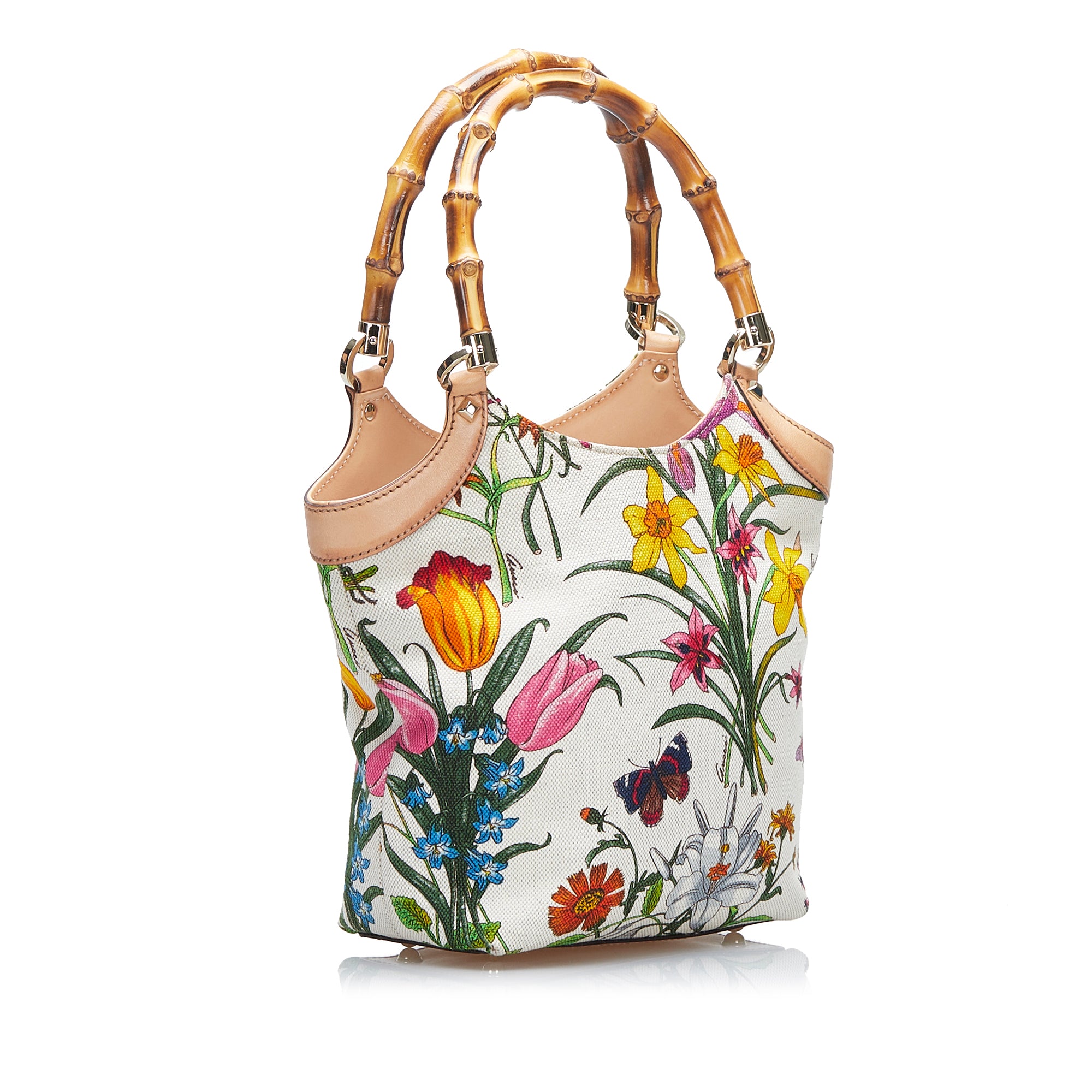 White Gucci Bamboo Flora Handbag – Designer Revival