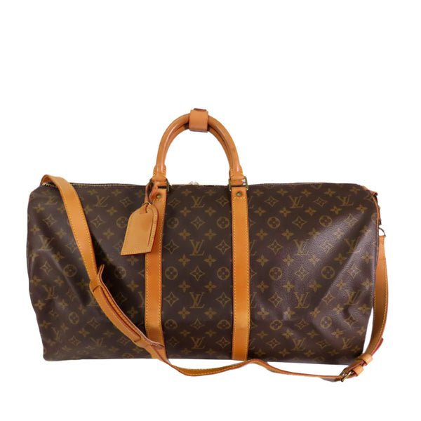 Louis Vuitton Keepall Bandouliere Bag Monogram Canvas with Coquelicot Leather Trim 50 Brown