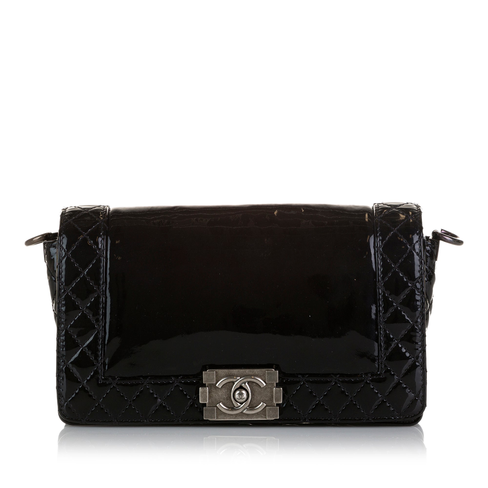 image of Black Chanel Medium Patent Reverso Boy Flap Shoulder Bag