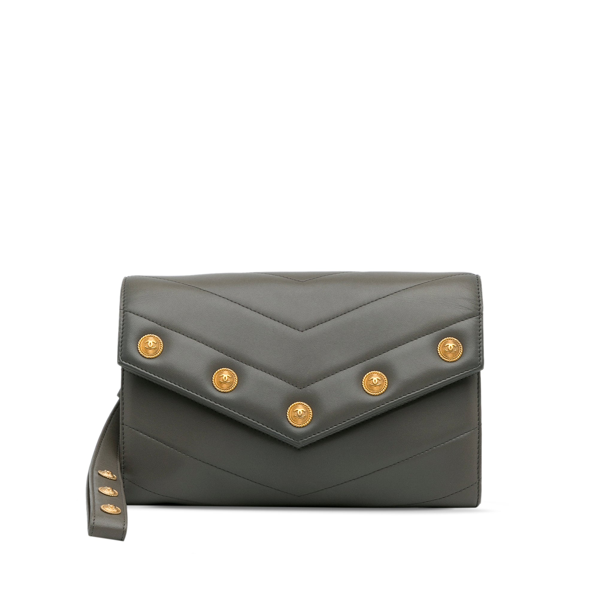 image of Gray Chanel Medallion Chevron Flap Clutch