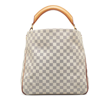 The Artsy MM features a damier azur canvas body, a rolled vachetta