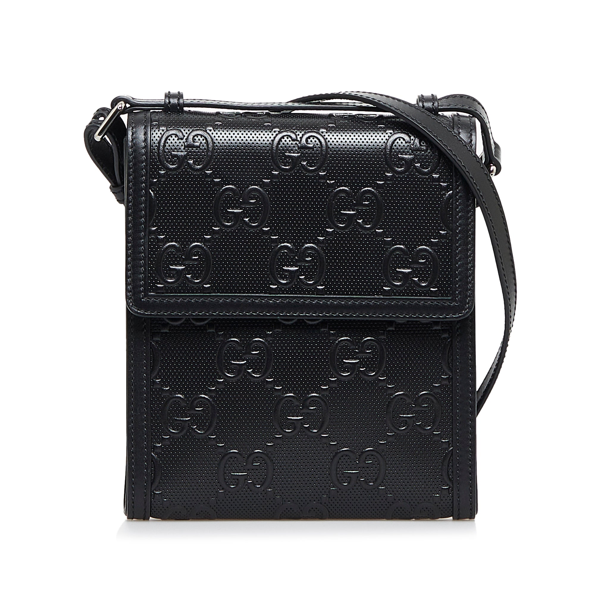 image of Black Gucci GG Embossed Perforated Messenger Bag