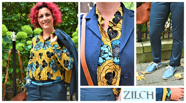 Hip blauw damespak met print zilch