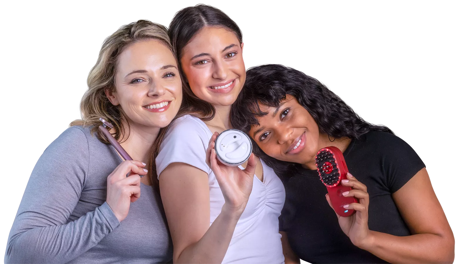 Three women using HairPod, RejuvaWand, and EyePods