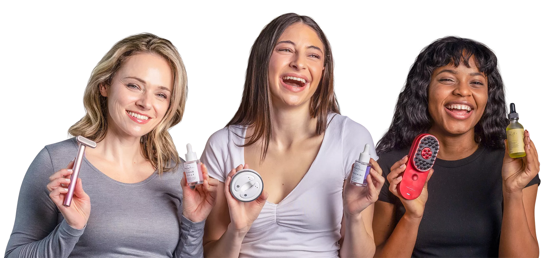 Three smiling women using Newtiful's HairPod, RejuvaWand, and EyePods