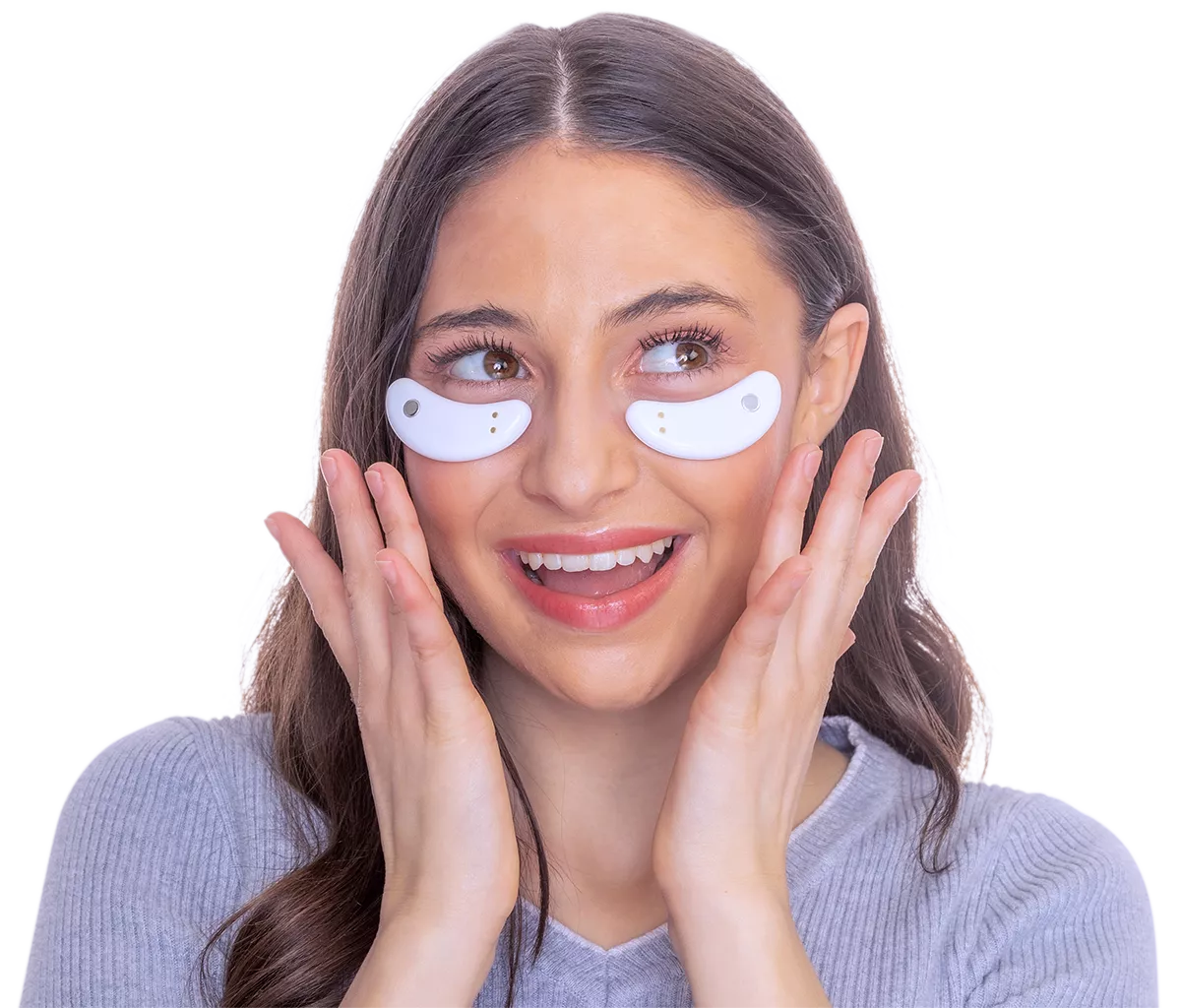 Woman wearing EyePods LED under eye patches for dark circle treatment