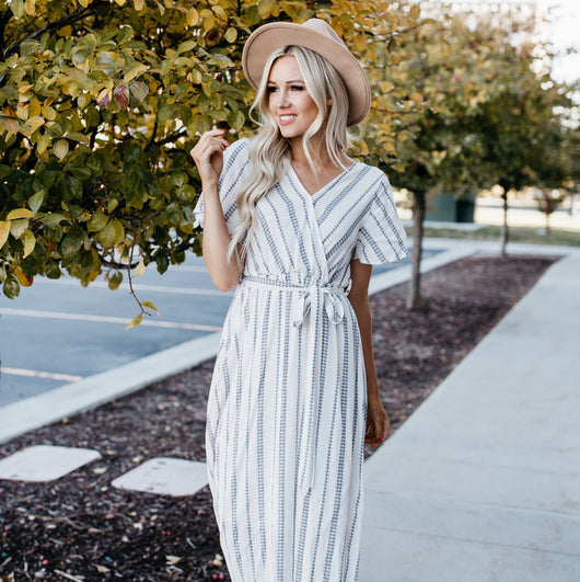 Faux Wrap Maxi Dress: Ivory Geometric Print – Sign Here