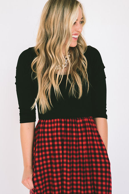 black top red skirt dress