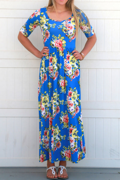 Floral Maxi Dress: Blue and Yellow – Sign Here