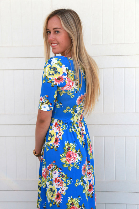Floral Maxi Dress: Blue and Yellow – Sign Here