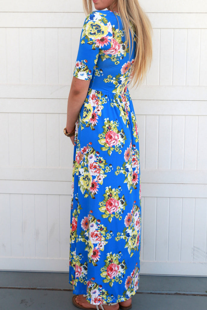 Floral Maxi Dress: Blue and Yellow – Sign Here