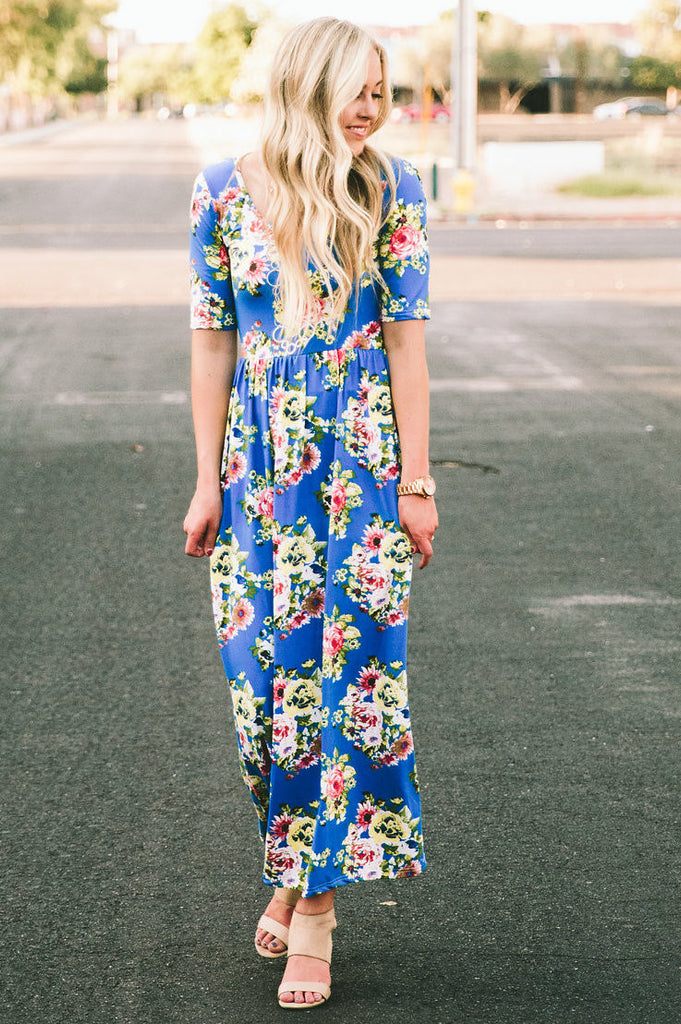 Floral Maxi Dress: Blue and Yellow – Sign Here