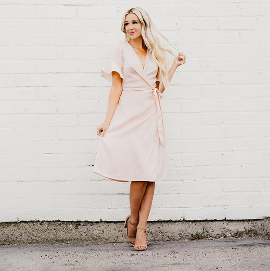 blush wrap dress midi